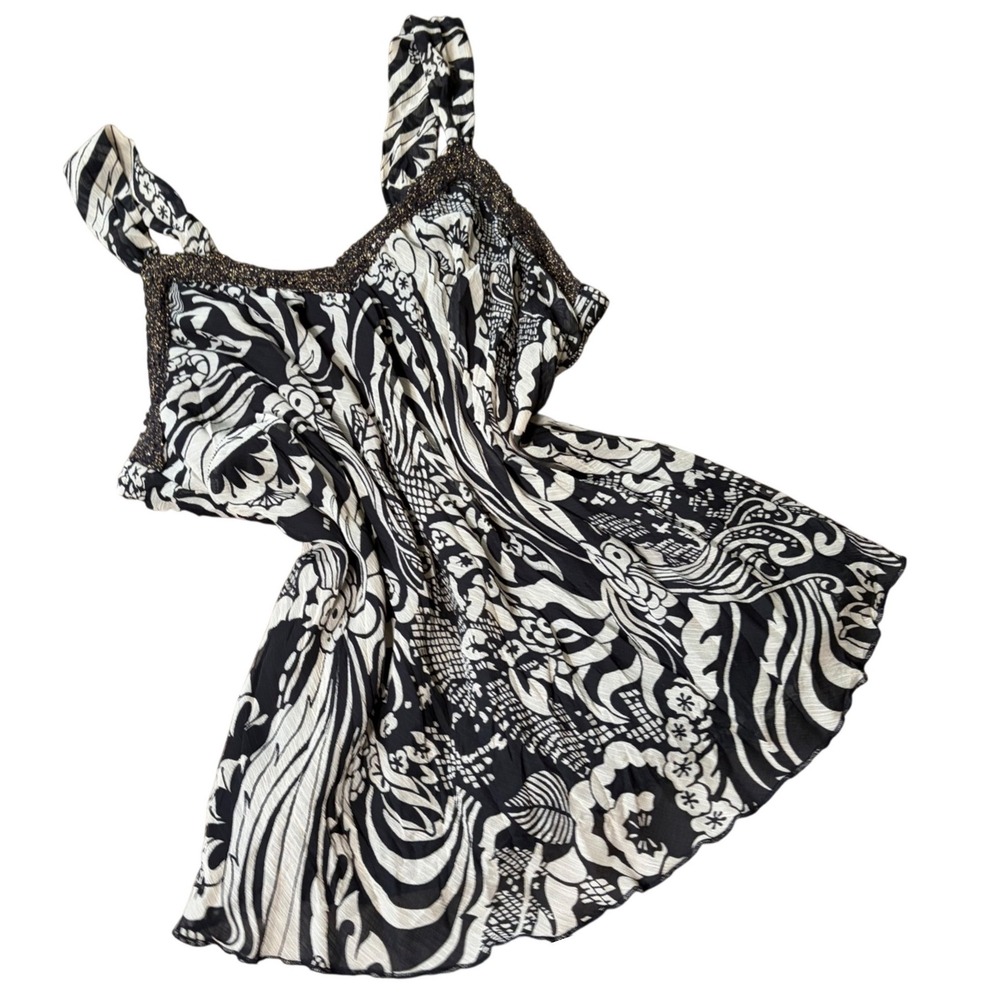 Y2K Whimsy XL Black White Abstract Floral Tank Top Gold Metallic Lace Trim